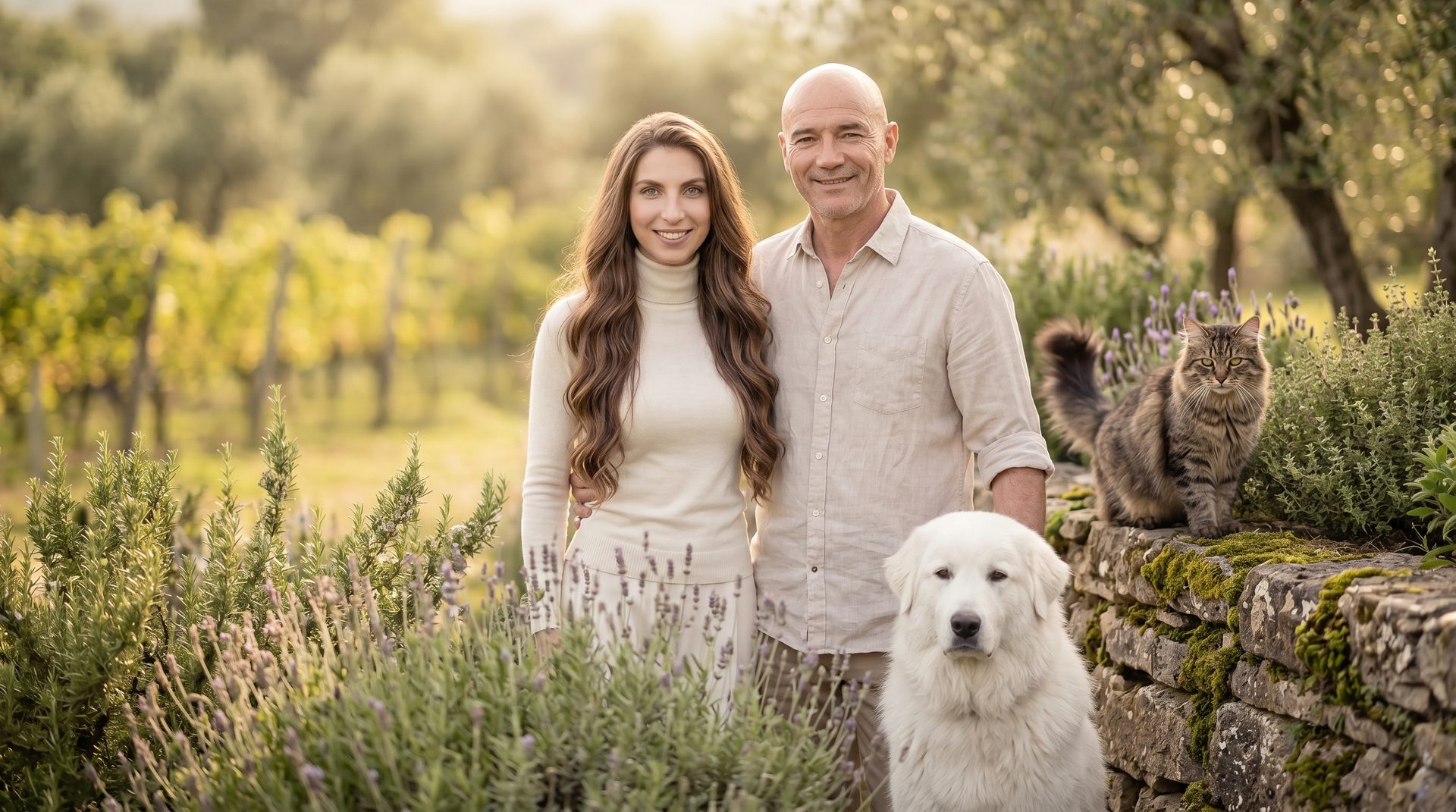 Dr. med. vet. Stefan Wolf und Melanie Wolf mit Hund und Katze im Garten
